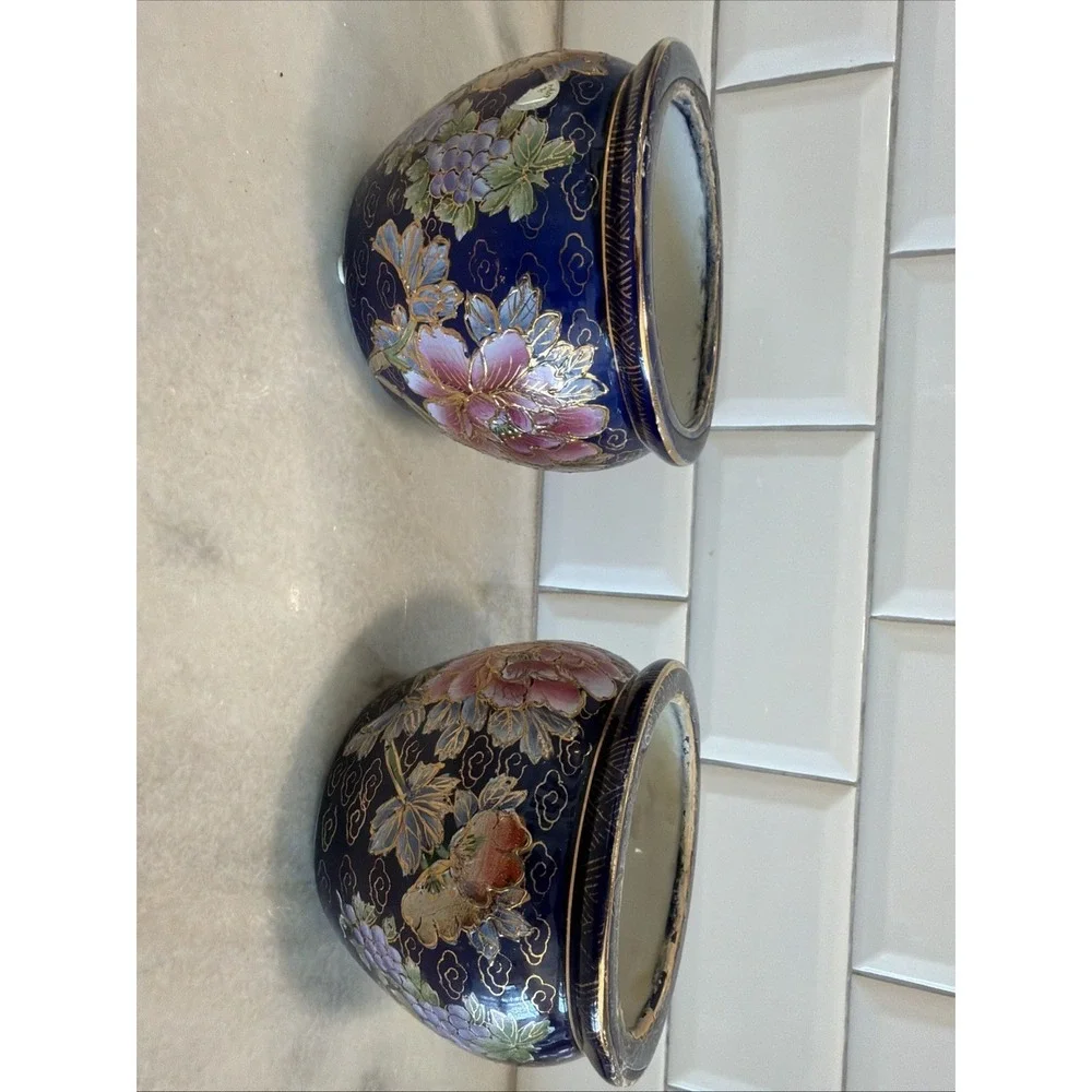 Set Of 2 Lemax Ceramic Flower Pot Vase blue pink Floral GardenGold Gilt 4
